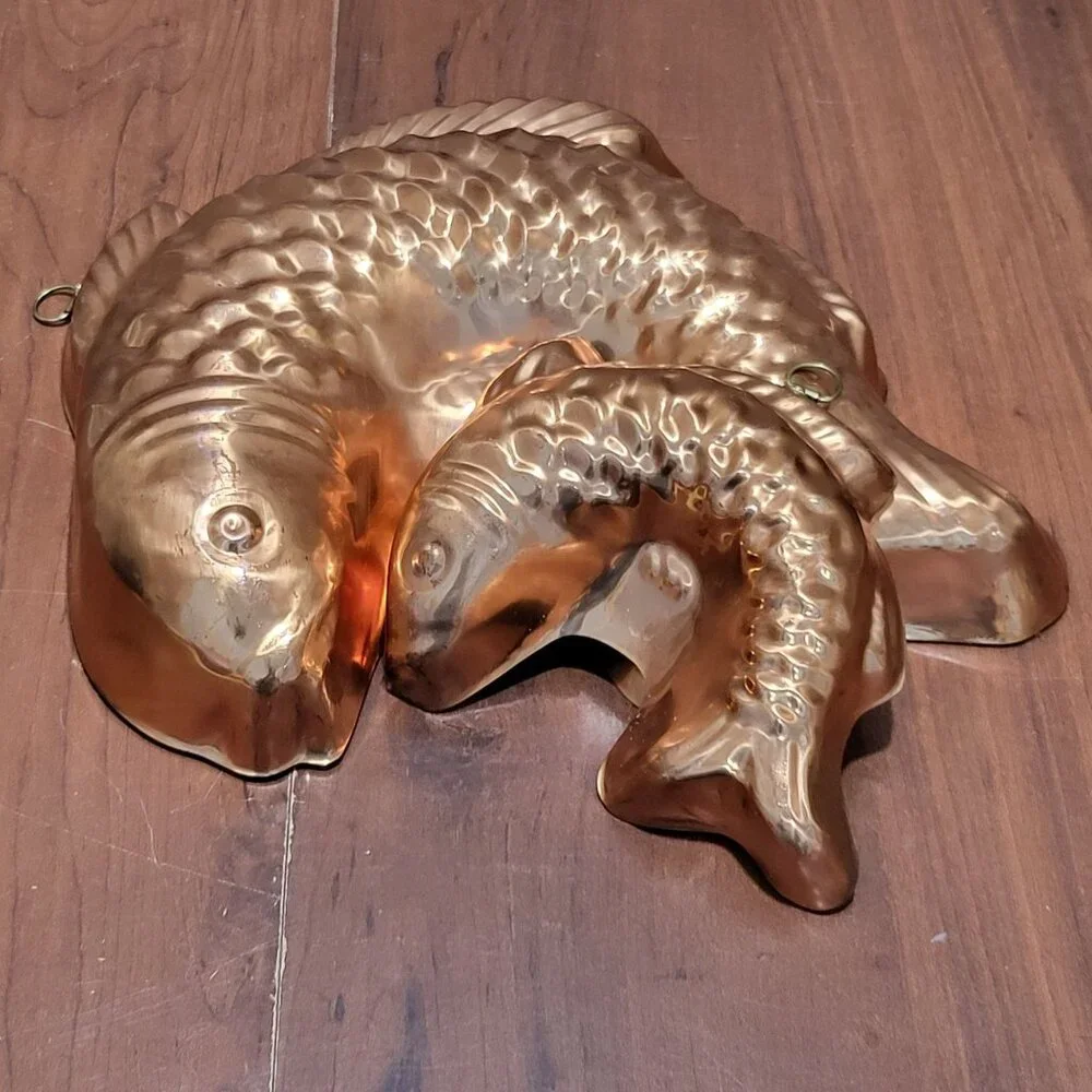 Vintage Tagus Portugal Copper Fish Mold Kitchen Decor Wall Hanging Set of 2